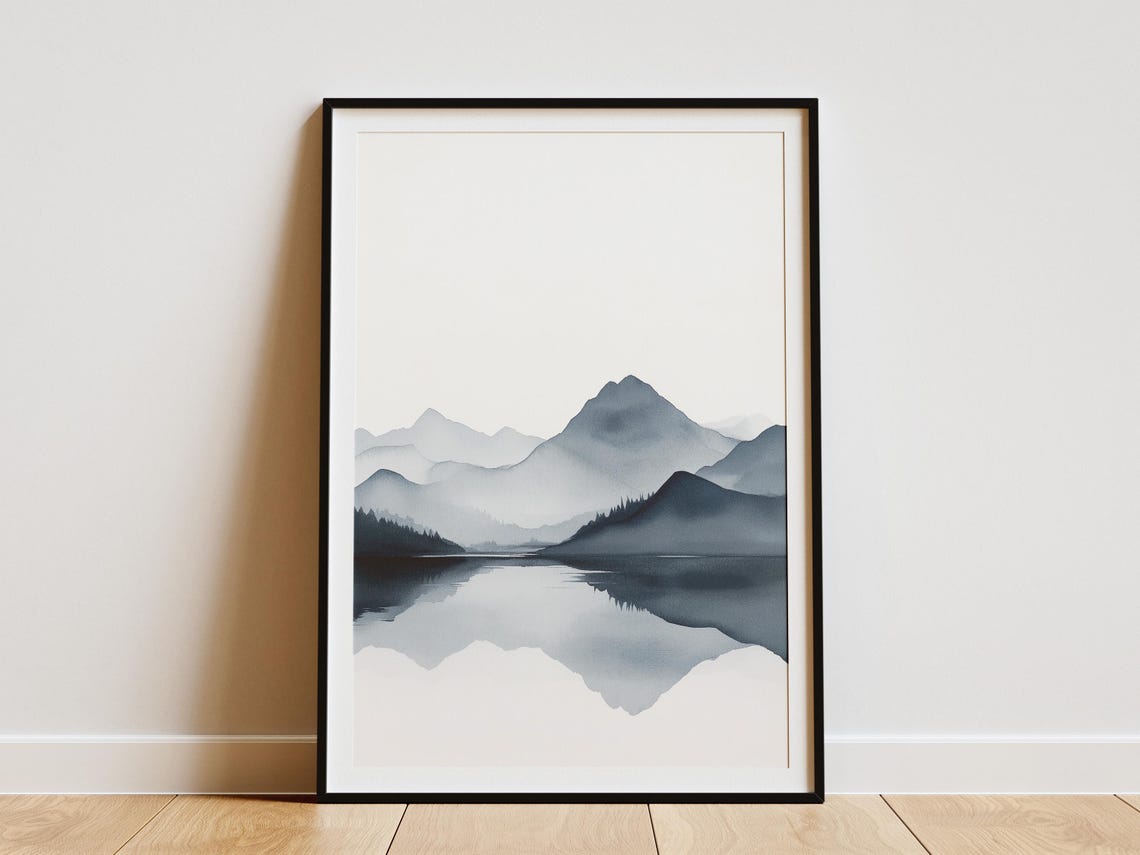 Misty Blue Watercolor Mountains Lake Reflection Japandi Art Poster