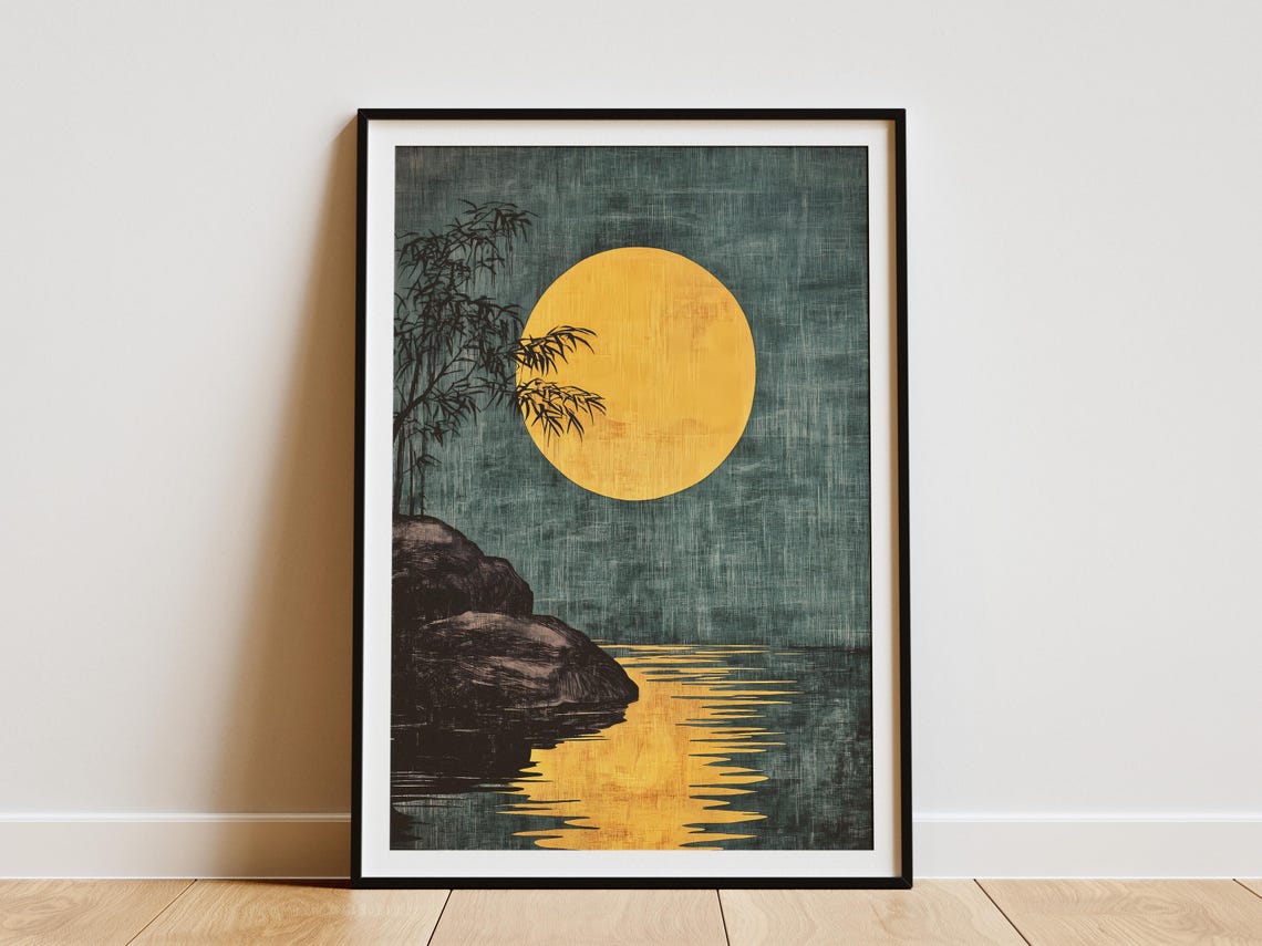 Golden Moon Over Still Water Bamboo Japanese Zen Art Night Poster