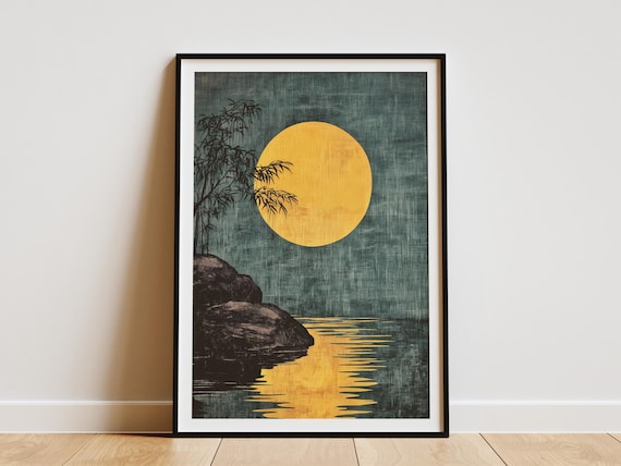 Golden Moon Over Still Water Bamboo Japanese Zen Art Night Poster