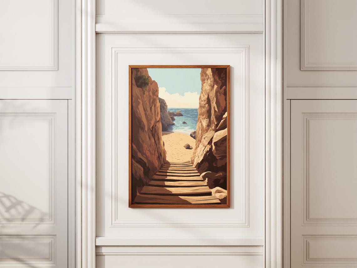 Wooden Staircase Through Red Cliffs to a Hidden Ocean Beach Poster - Image 2