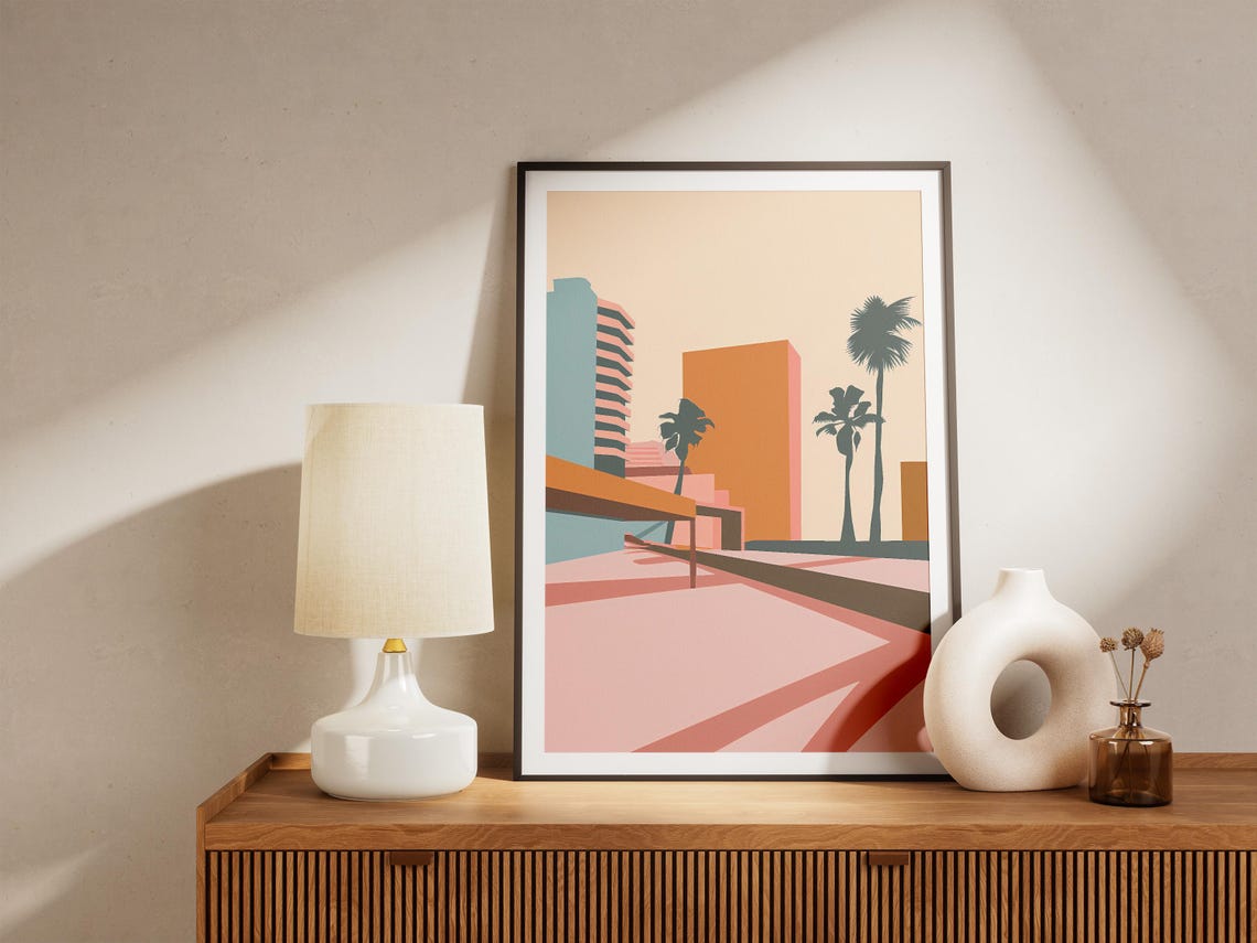 Los Angeles Downtown Skyline with Palm Trees in Peach Tones Poster - Image 5