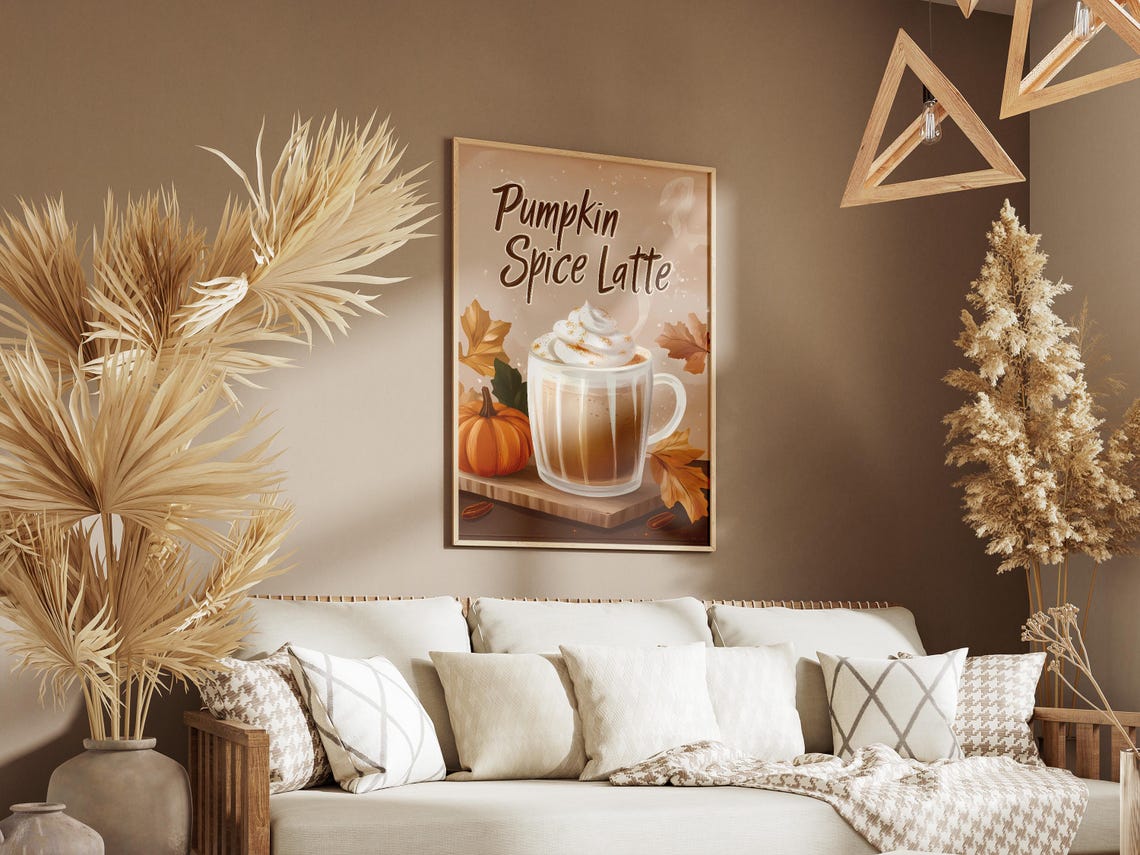 Pumpkin Spice Latte With Whipped Cream and Autumn Leaves Poster - Image 3