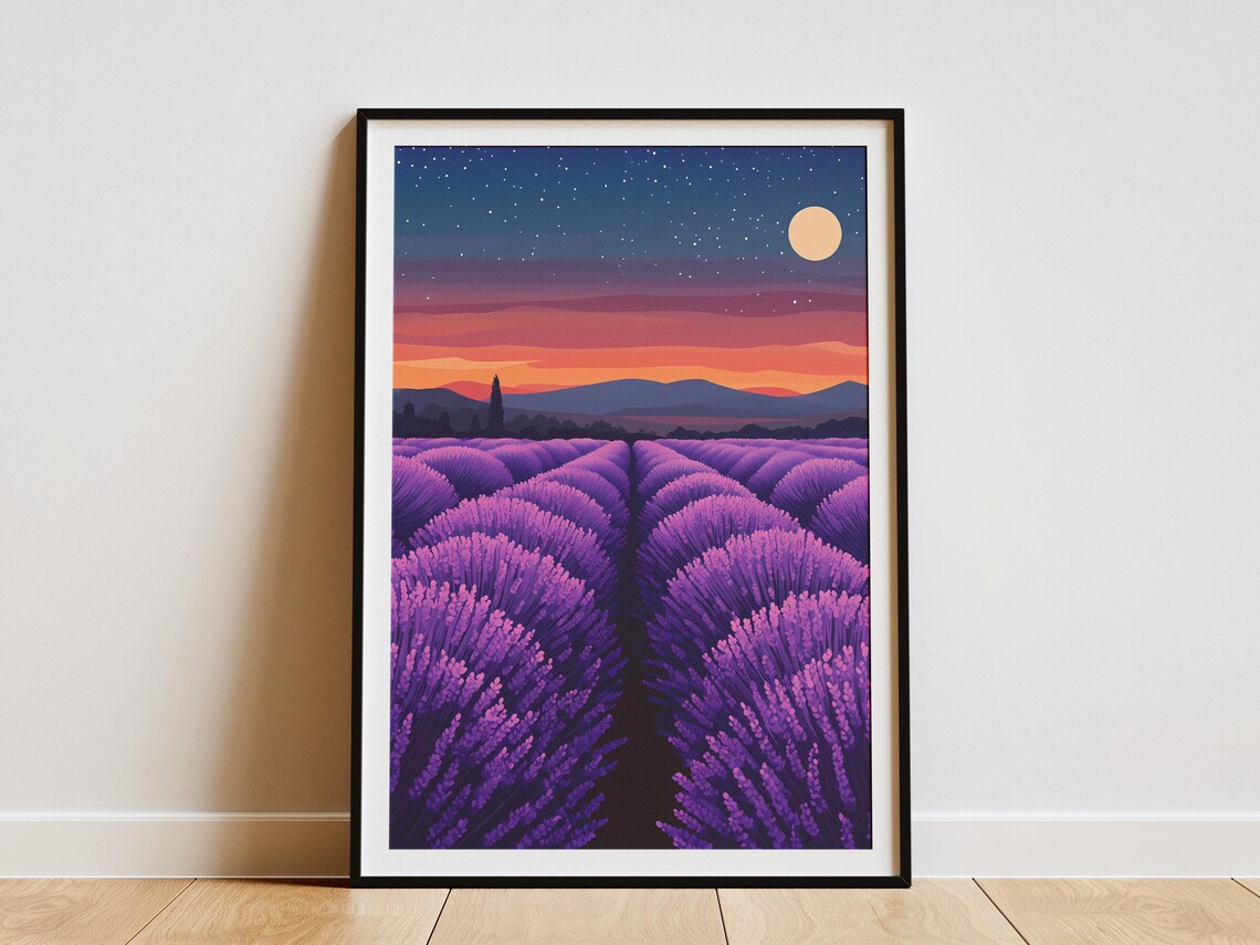 Purple Lavender Field Under Night Sky Poster With Moon and Stars