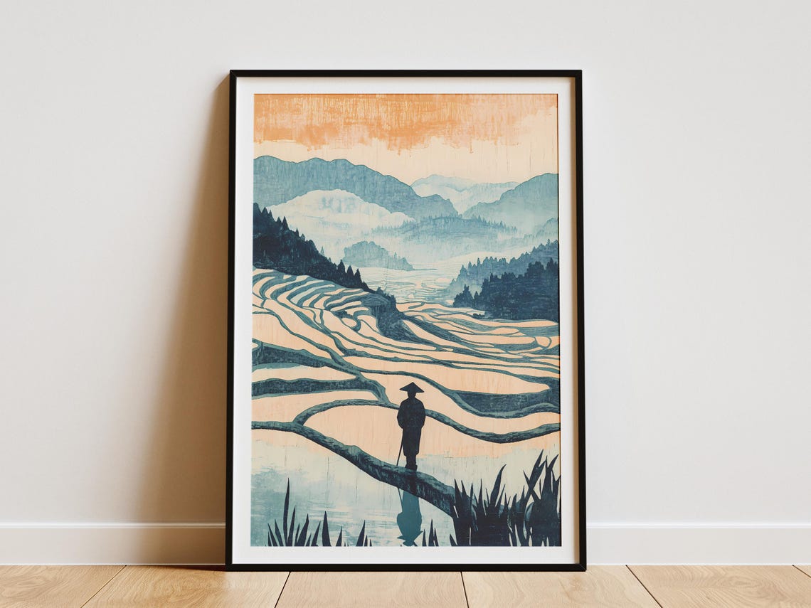 Farmer Silhouette Curved Rice Terraces Dawn Mountains Poster
