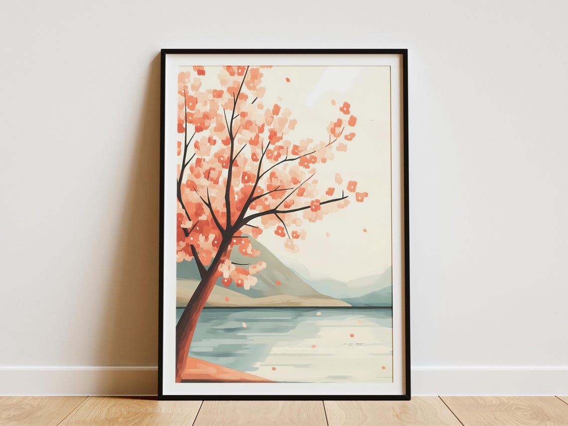 Cherry Blossom Tree Over Calm Lake Japanese Style Landscape Art Poster