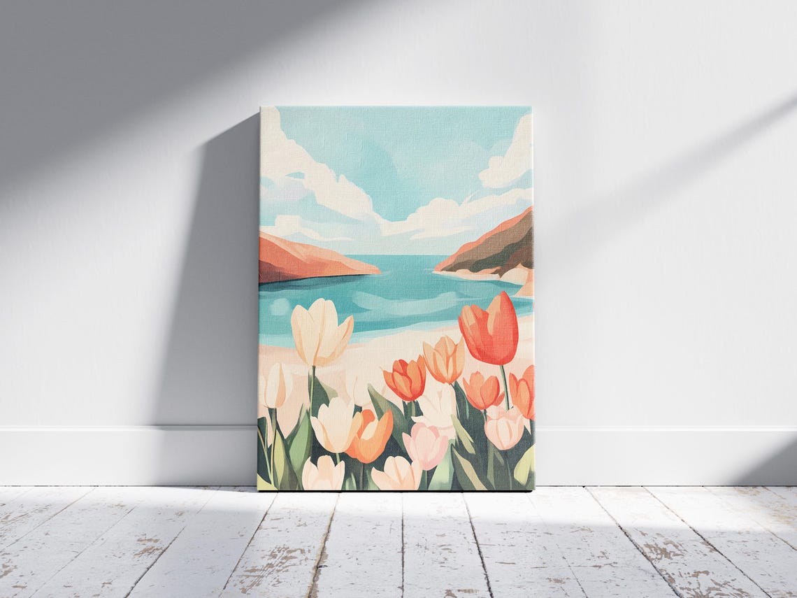 Spring Orange White Tulips On Coastal Beach Teal Ocean Poster - Image 2