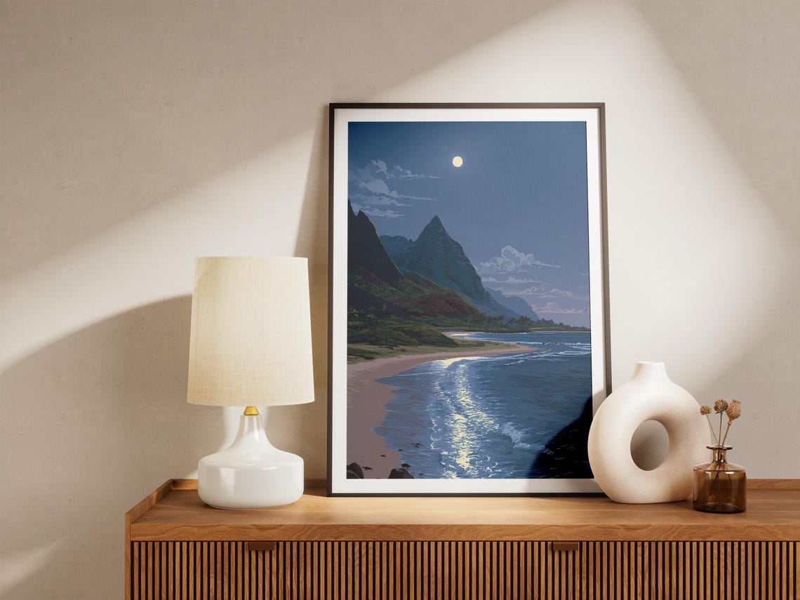 Moonlit Tropical Beach At Night With Full Moon Over The Ocean Poster - Image 4