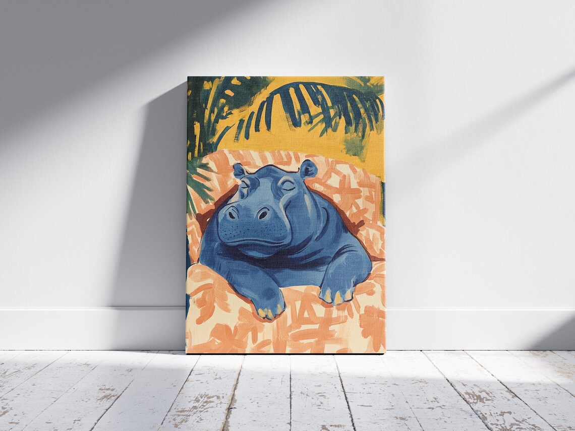 Blue Hippo Lounging in Orange Water Palm Leaves Matisse Poster - Image 2