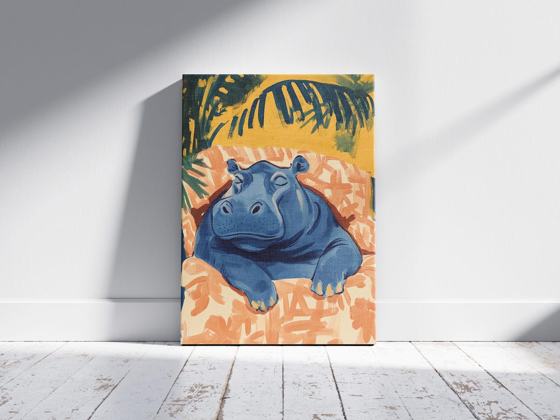 Matisse Inspired Sleeping Hippo Art Print Colorful Gouache Style Painting Abstract Animal Wall Decor Nursery Room Boho Jungle - Image 2