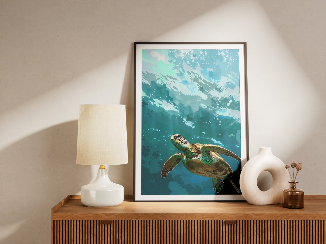 Sea Turtle Swimming Ocean Waves Watercolor Teal Underwater Wall Art - Image 2