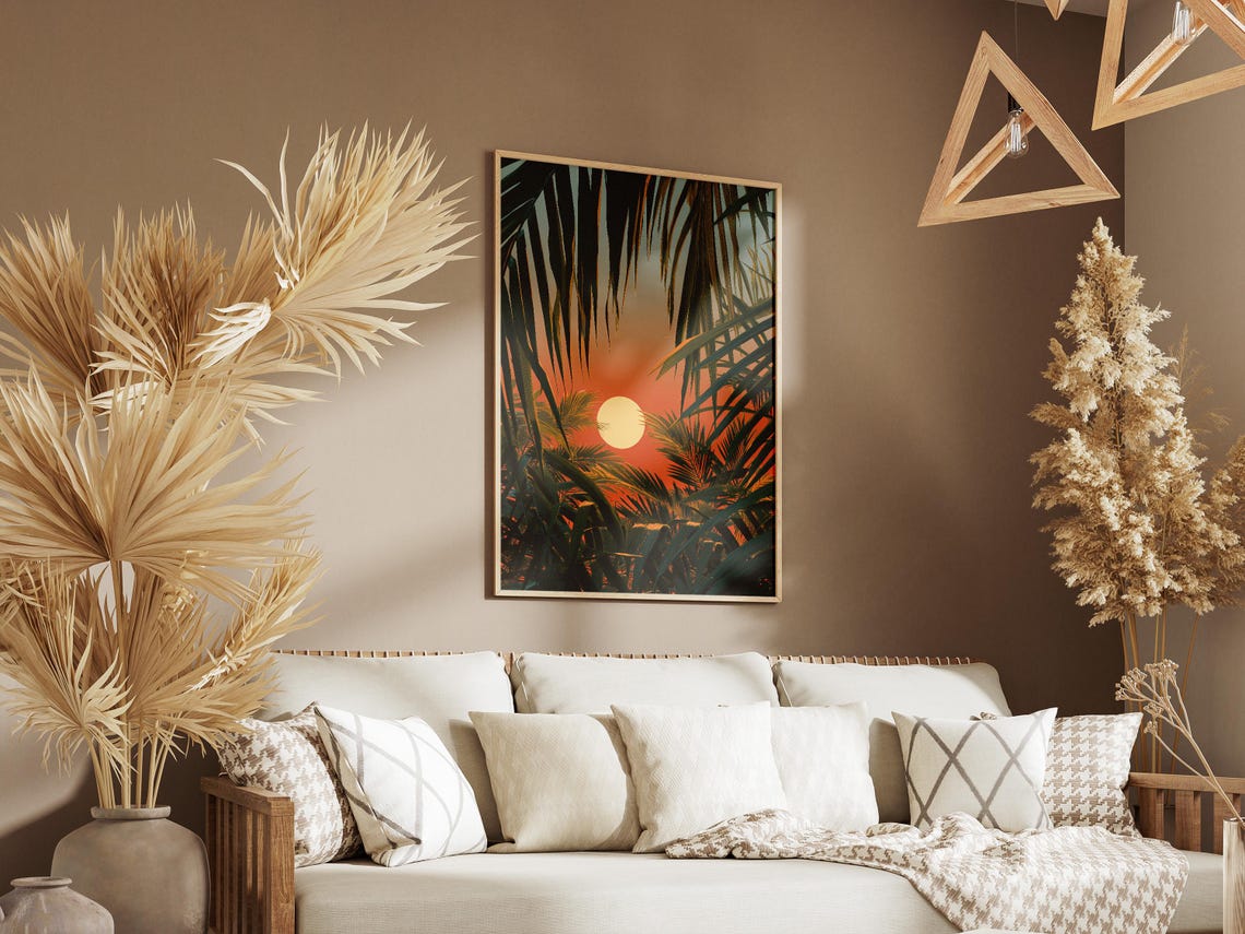 Sunset Through Palm Fronds Tropical Orange Sun Moody Jungle Art Poster - Image 3