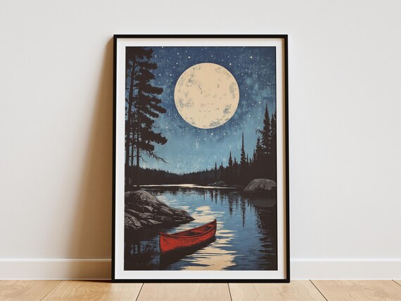 Voyageurs Red Canoe Under Full Moon Pine Lake Night Art Poster