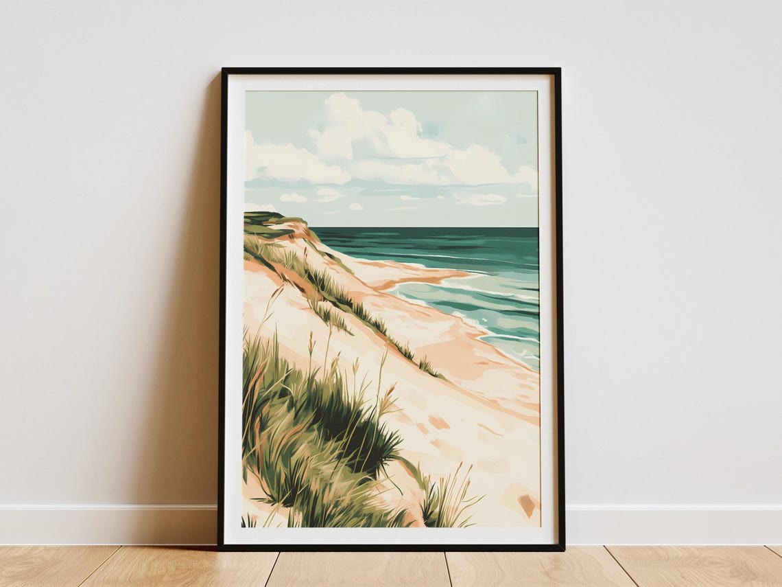 Sandy Dune Beach Grass Ocean Shore Painterly Illustration Poster