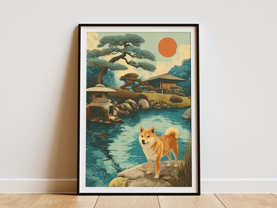 Shiba Inu Dog In Japanese Zen Garden With Pond Vintage Style Poster