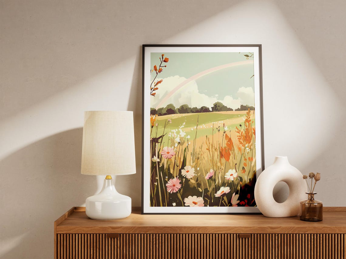 Wildflower Meadow with Daisies and a Soft Rainbow Arc Poster - Image 5