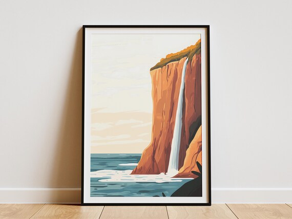 Ocean Cliff Waterfall Pouring Into Sea Coastal Landscape Poster