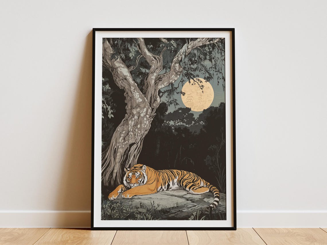 Tiger Resting Under Banyan Tree in Moonlight Jungle Art Poster