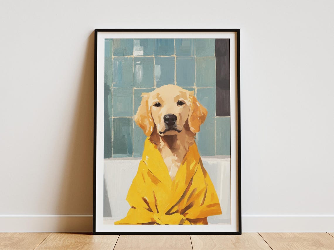 Golden Retriever Puppy In Yellow Robe Poster Cute Dog Bathroom Art