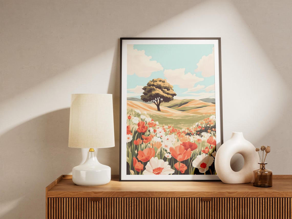 Lone Tree Above a Field of Red Poppies Countryside Art Poster - Image 5