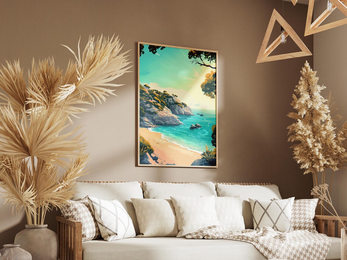 Rocky Beach Cove Turquoise Bay Golden Sun Illustration Poster - Image 3
