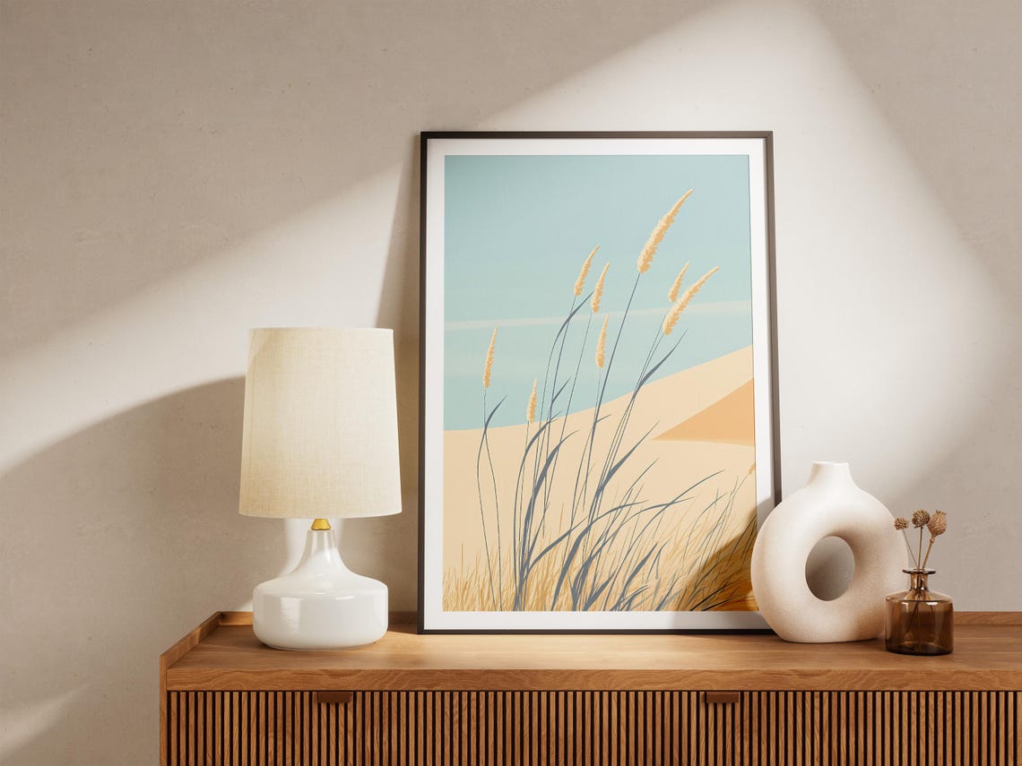 Golden Dune Grass Under Pale Blue Sky Minimalist Coastal Poster - Image 5