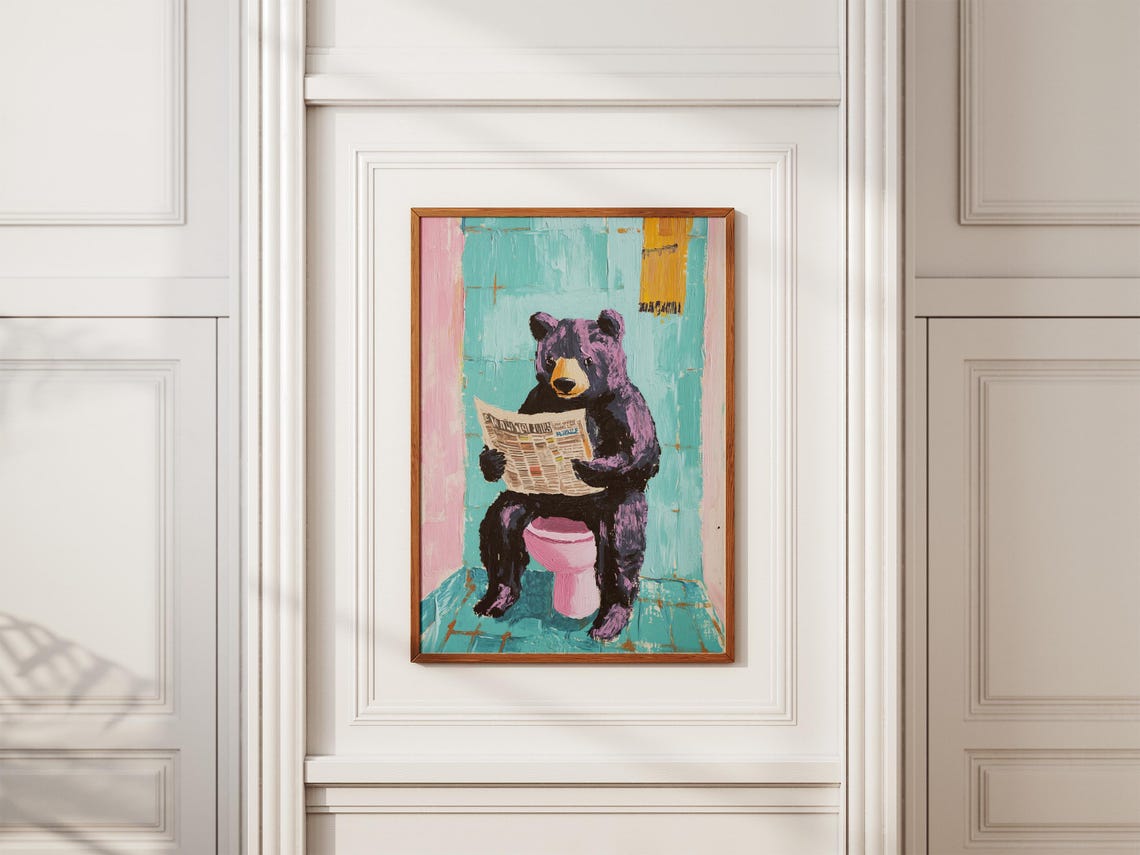 Funny Bear Reading Newspaper On A Pink Toilet Bathroom Poster - Image 2