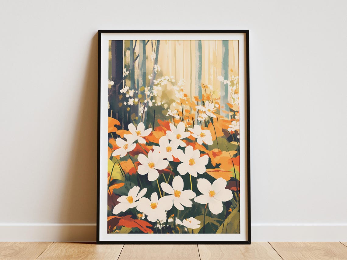 White Anemones With Orange Autumn Leaves Forest Floral Poster
