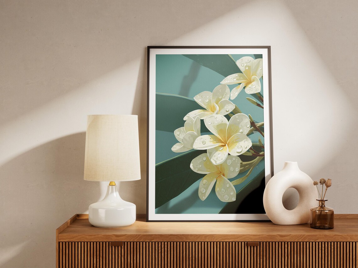 Plumeria Flower White Blossom Dew Drops Tropical Botanical Art Poster - Image 4