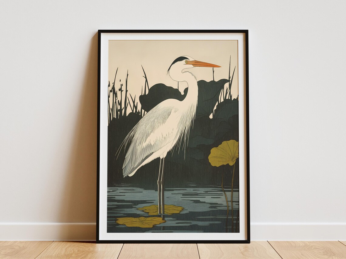 Elegant White Heron Among Lilies Japanese Woodblock Style Poster