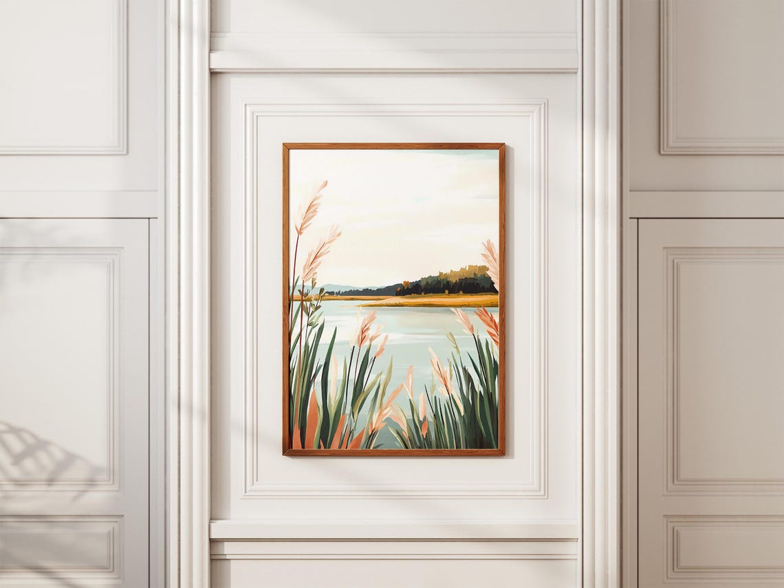 Tranquil Lakeshore Reeds Over Calm Water Nature Landscape Poster - Image 2