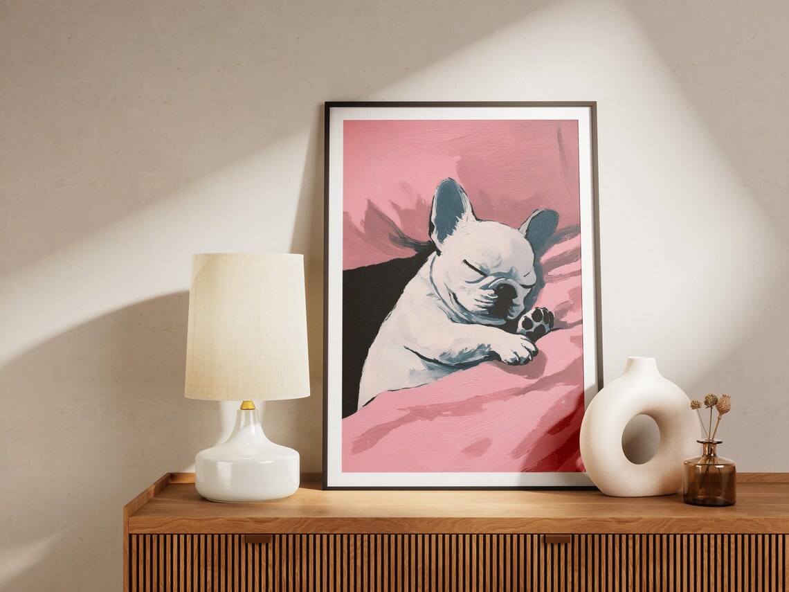White French Bulldog Puppy Sleeping Peacefully on Pink Bedding Art Poster - Image 4
