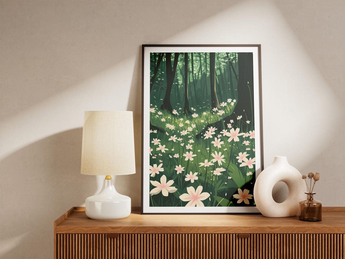Delicate White Wildflowers Dark Green Forest Meadow Serene Print - Image 4