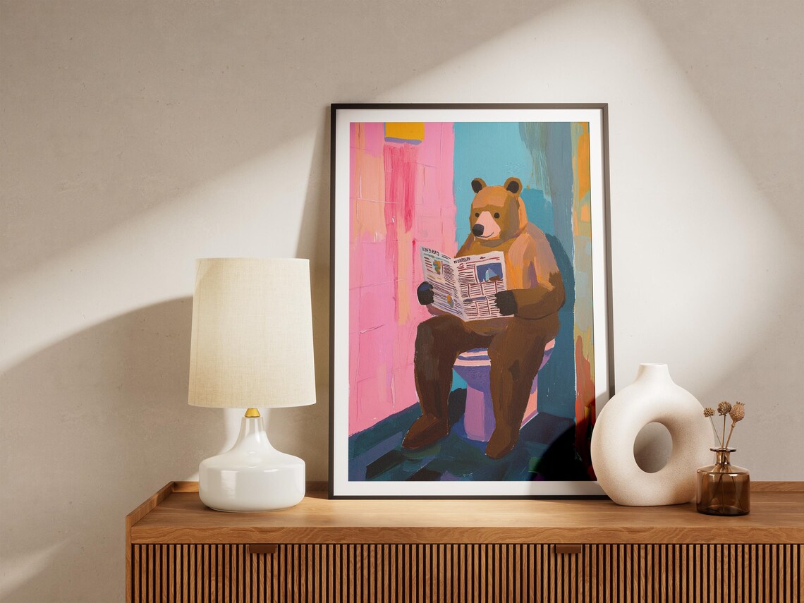 Brown Bear Reading the Morning Newspaper on the Toilet Poster - Image 5
