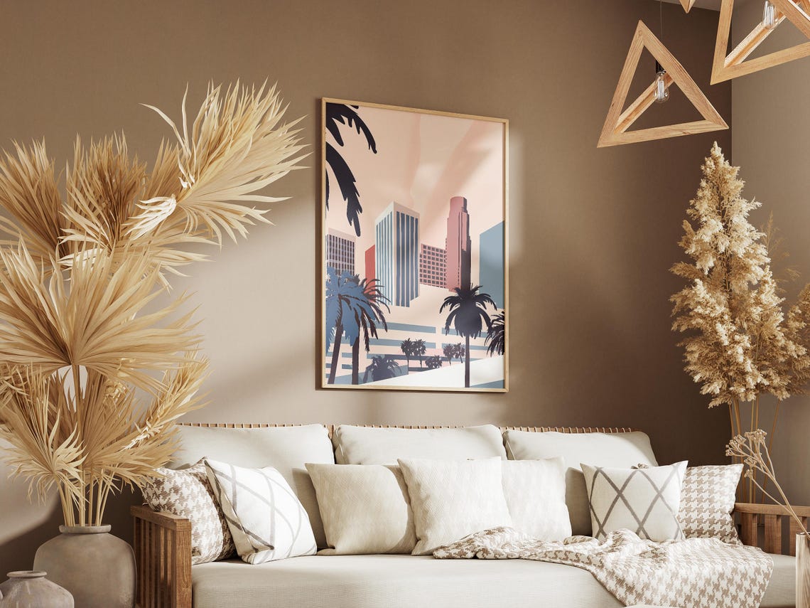 Los Angeles City Skyline with Navy Blue Palm Trees at Day Poster - Image 3