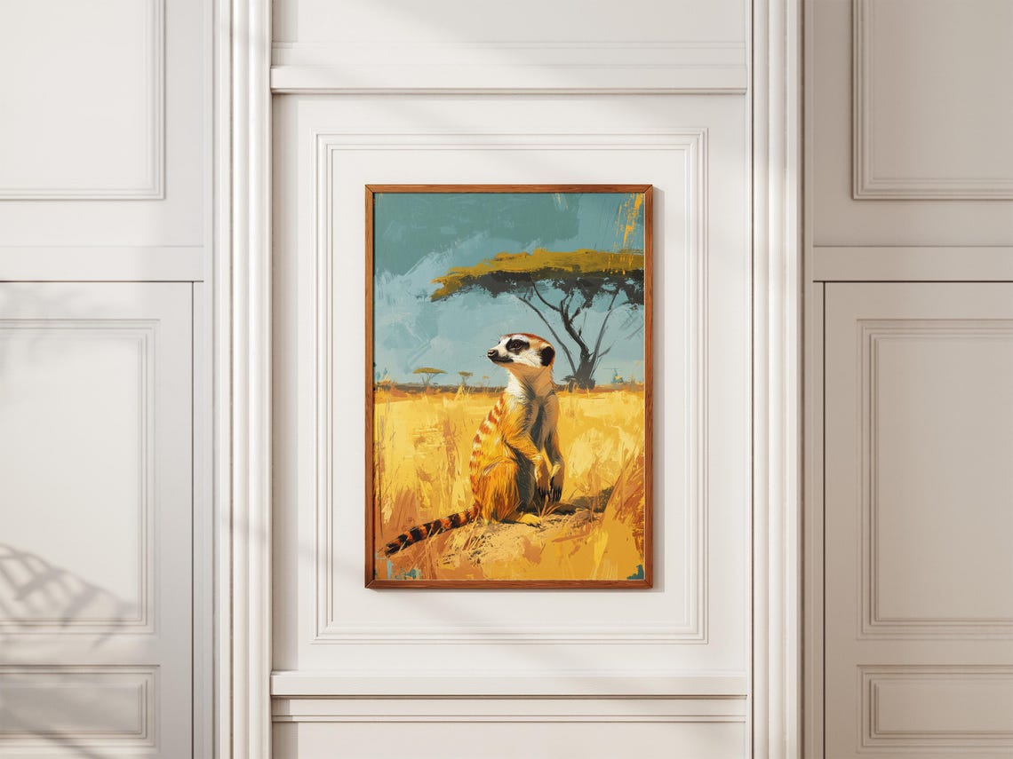 Alert Meerkat Standing in a Golden Savanna with Acacia Tree Poster - Image 2