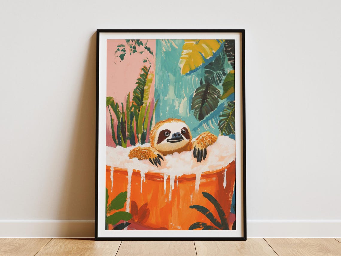Sloth Bubble Bath Orange Tub Tropical Leaf Bathroom Fun Poster