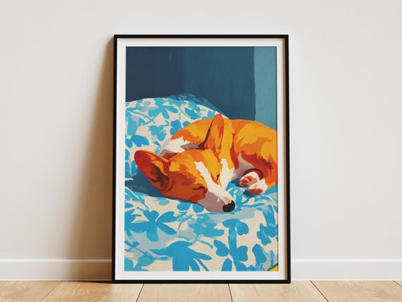Corgi Dog Art Print Matisse Style Painting Cozy Pet Portrait Sleeping Wall Abstract Animal Home Decor Cute Lover Gift