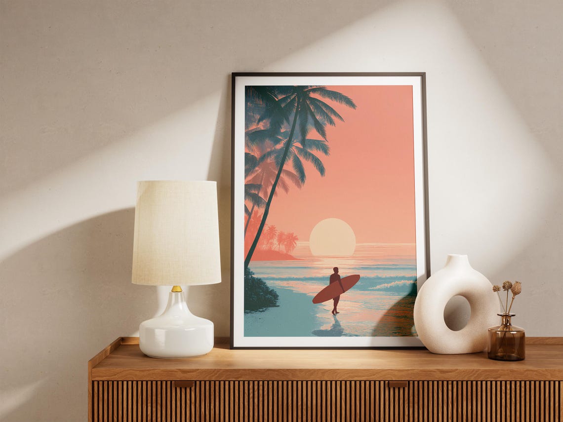 Surfer Silhouette Beach Sunset Palm Tree Golden Hour Art Poster - Image 4