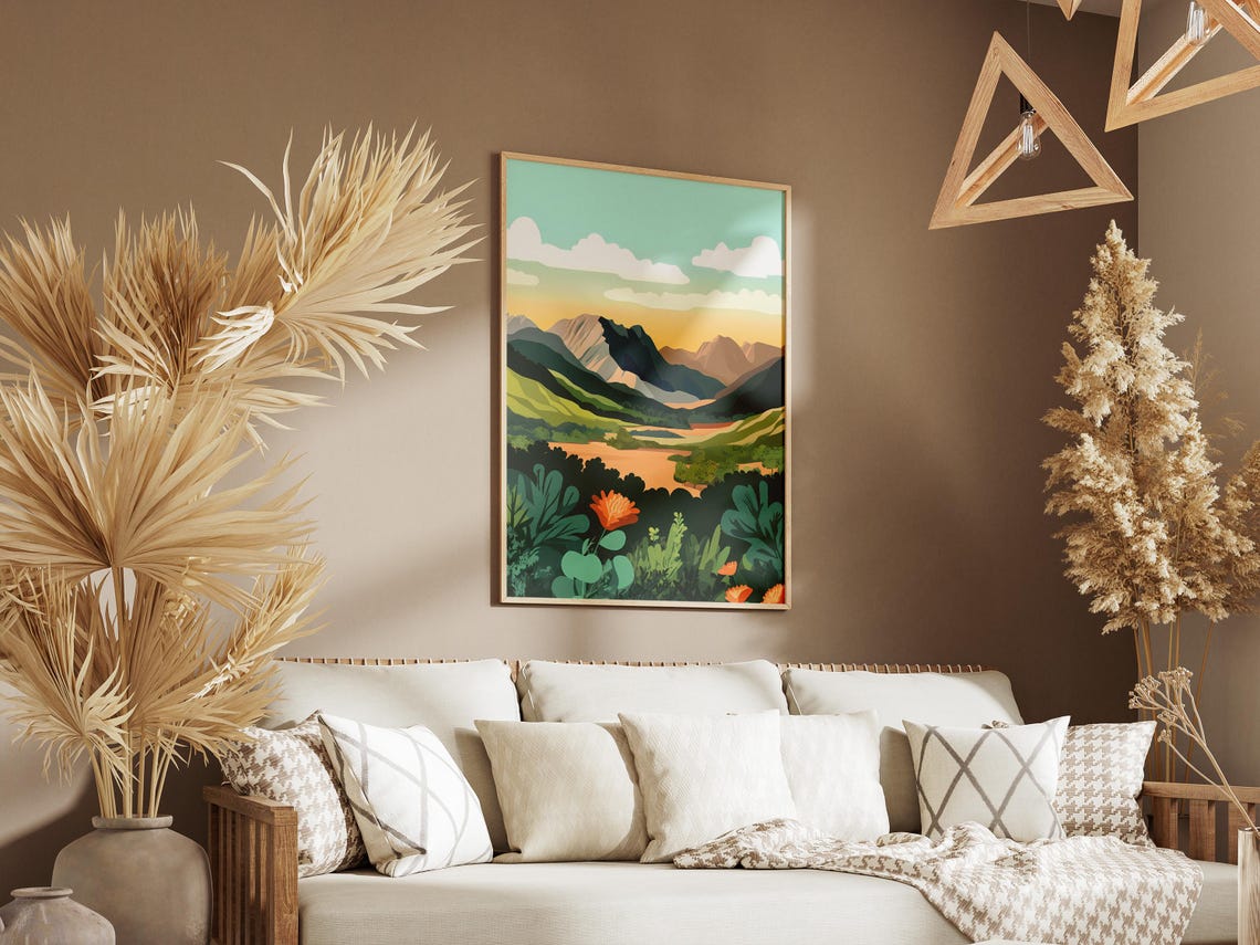 Alpine Sunrise Orange Wildflowers Rocky Peaks Valley View Poster - Image 3