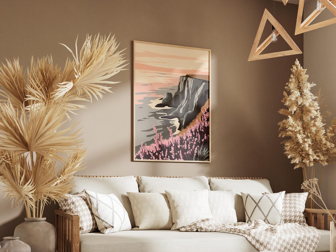 Coastal Cliff Heather Ocean Sunset Landscape Illustration Poster - Image 3