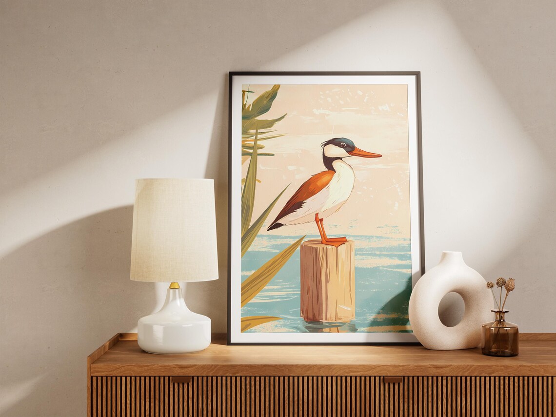 Hooded Merganser on a Piling in a Calm Bay Duck Illustration Poster - Image 5