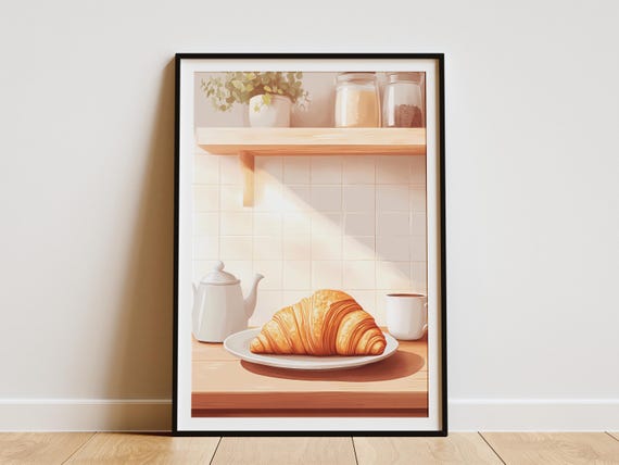 Buttery Croissant Kitchen Print Breakfast Food Poster Bakery Wall Art Coffee Pastry Decor Minimalist Food Illustration Modern Home Decor
