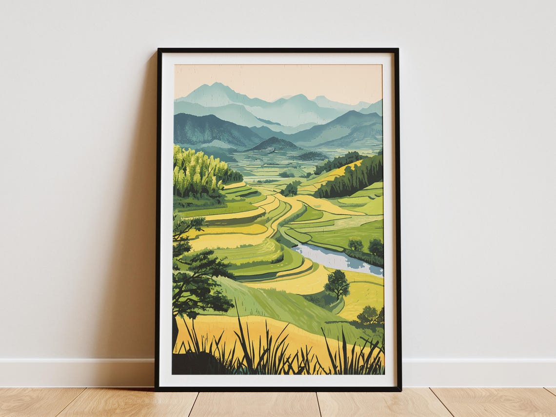 Green Rice Paddy Valley Distant Mountain Peaks Landscape Poster
