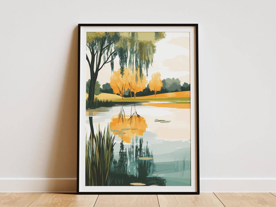 Weeping Willow by a Golden Autumn Lake with Lily Pads Art Poster