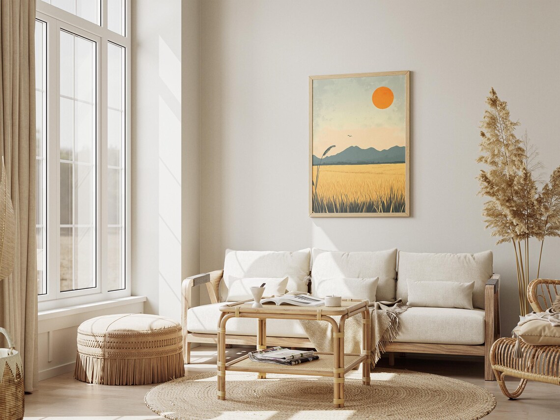 Golden Rice Field Under Orange Sun Minimalist Farm Scene Poster - Image 4