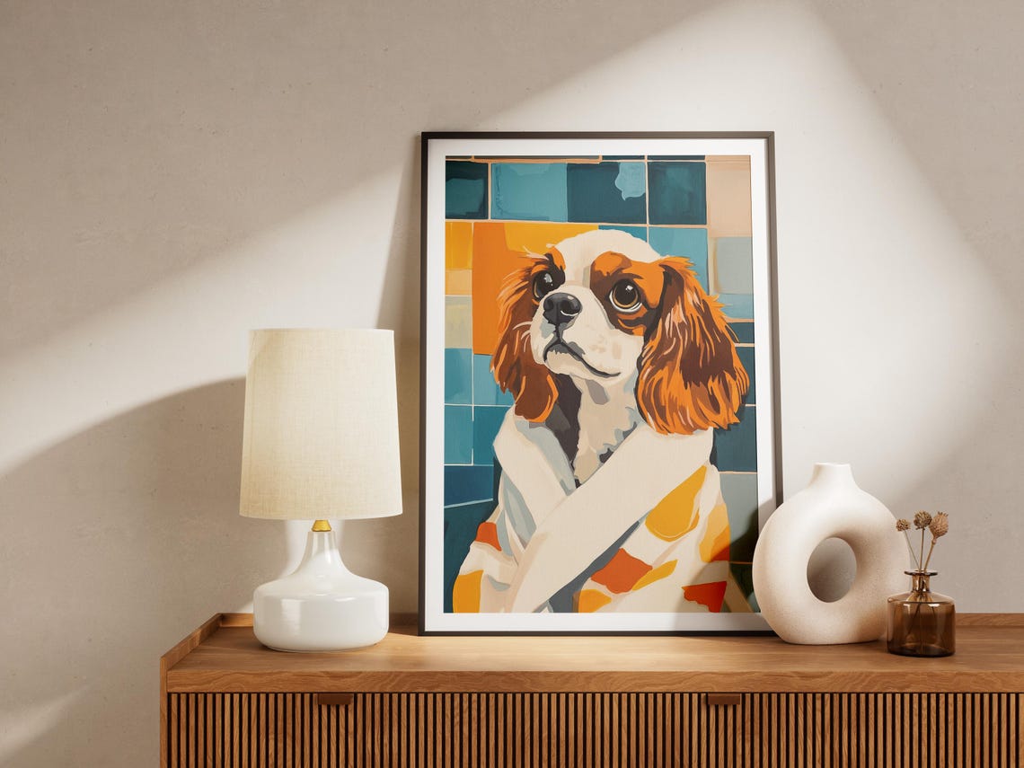 Cavalier Spaniel Puppy White Bathrobe Retro Tile Cute Dog Poster - Image 4