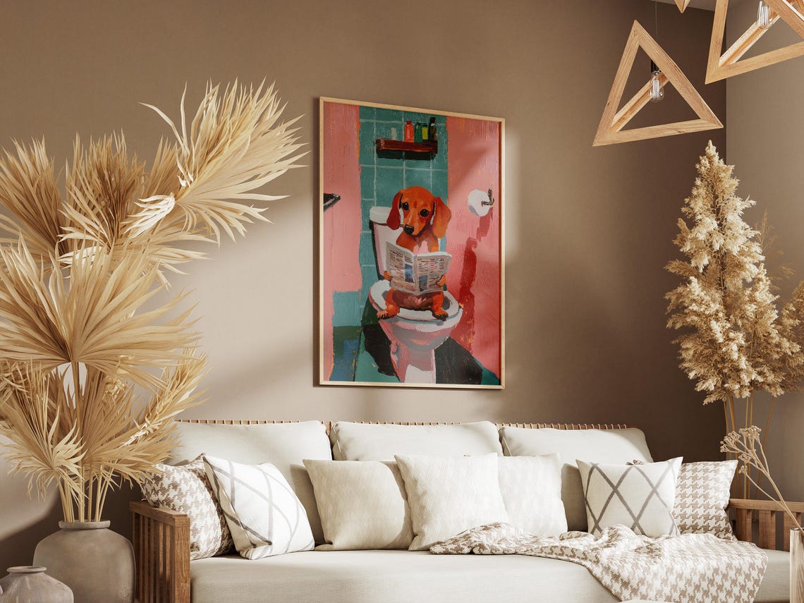 Dachshund Dog Sitting on Toilet Reading Newspaper Funny Poster - Image 3