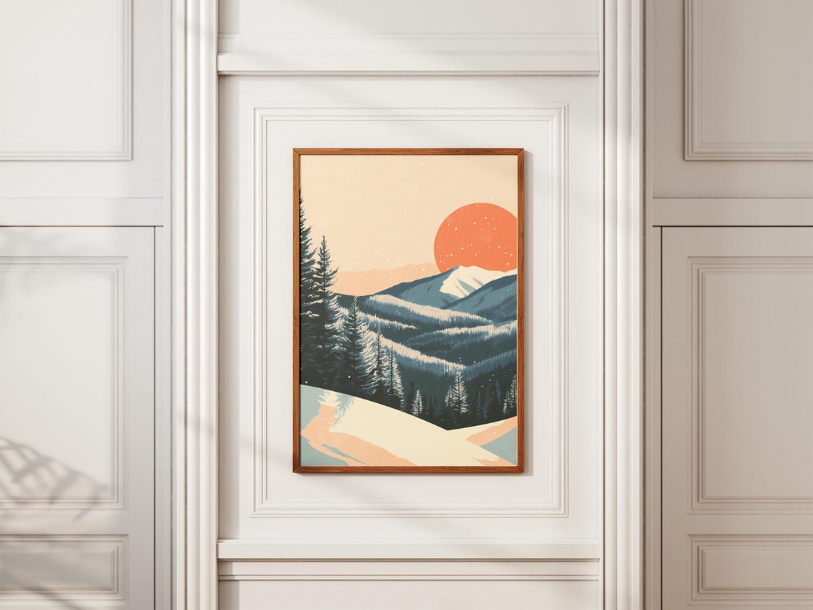 Big Orange Sunset Over Snowy Mountain Ridges Pine Forest Poster - Image 2