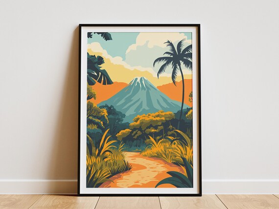 Rwanda Volcanoes National Park Snowy Volcano Jungle Art Poster