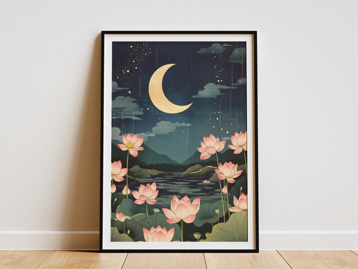 Crescent Moon Over Lotus Flower Lake Pink Night Sky Asian Art Style Poster